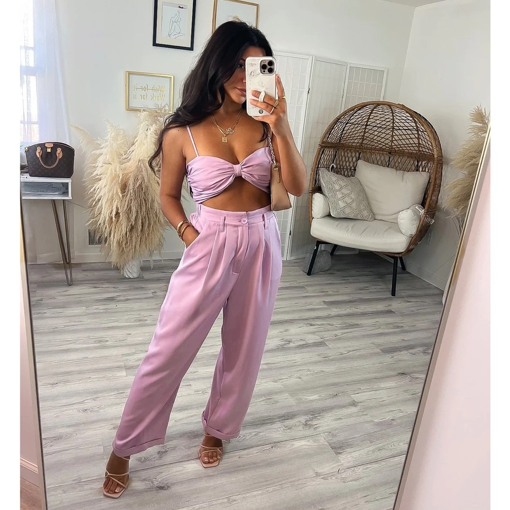 Two piece high waist trouser bow crop top set